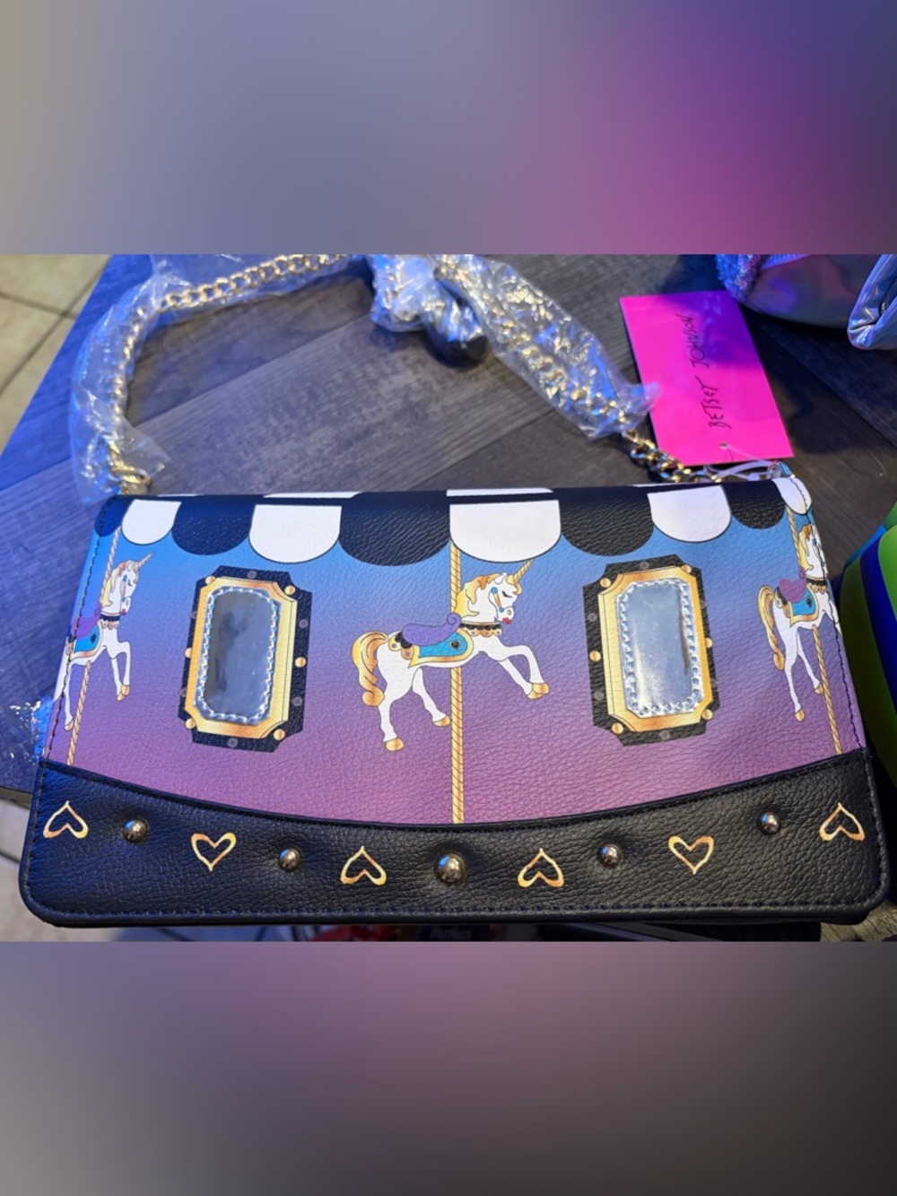 Betsey Johnson Carousel Horse Print Crossbody Bag - Purple, Blue, Black